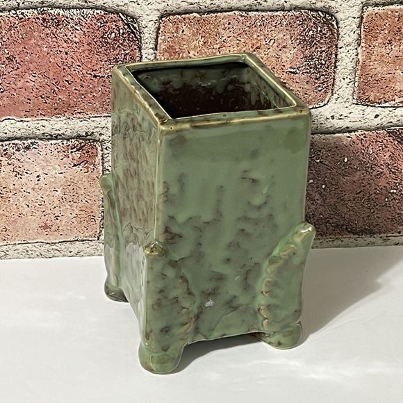 VINTAGE Ceramic Footed Bud Vase Pencil Holder Wabi Sabi Green Glossy Glaze - Picture 6 of 11
